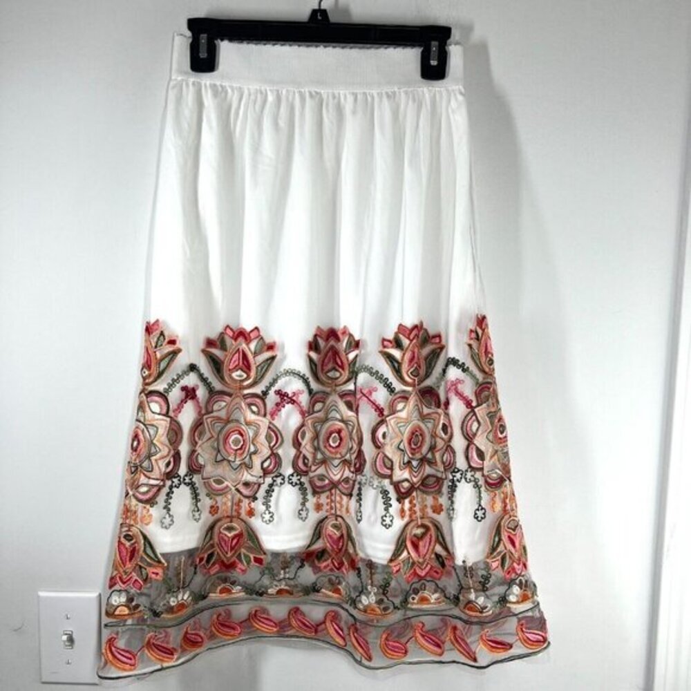 Magic White Midi Skirt with Pink & Orange Embroidered Border
